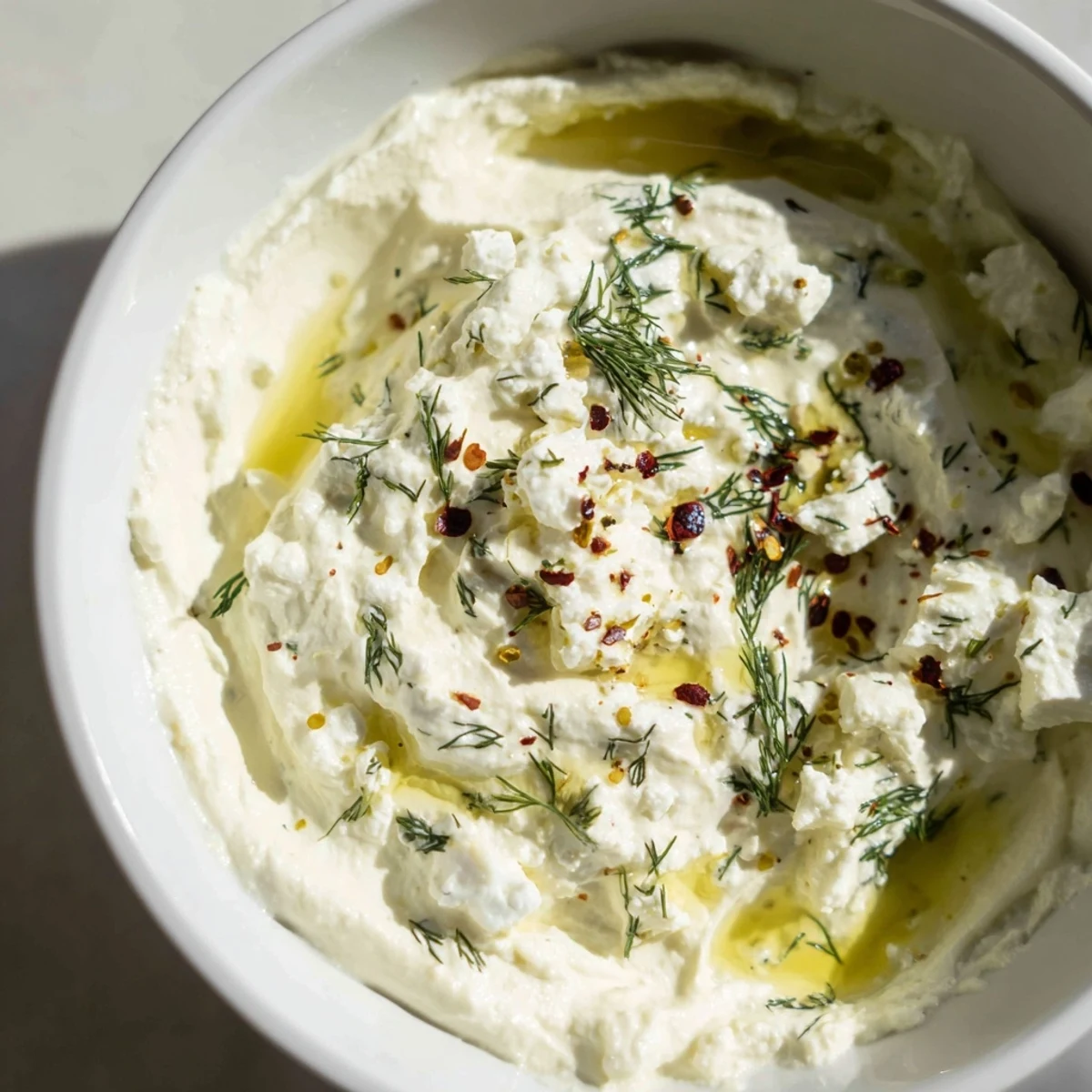 Rich classic feta dip garnished with crumbled cheese, red pepper flakes, and fresh dill sprinkles