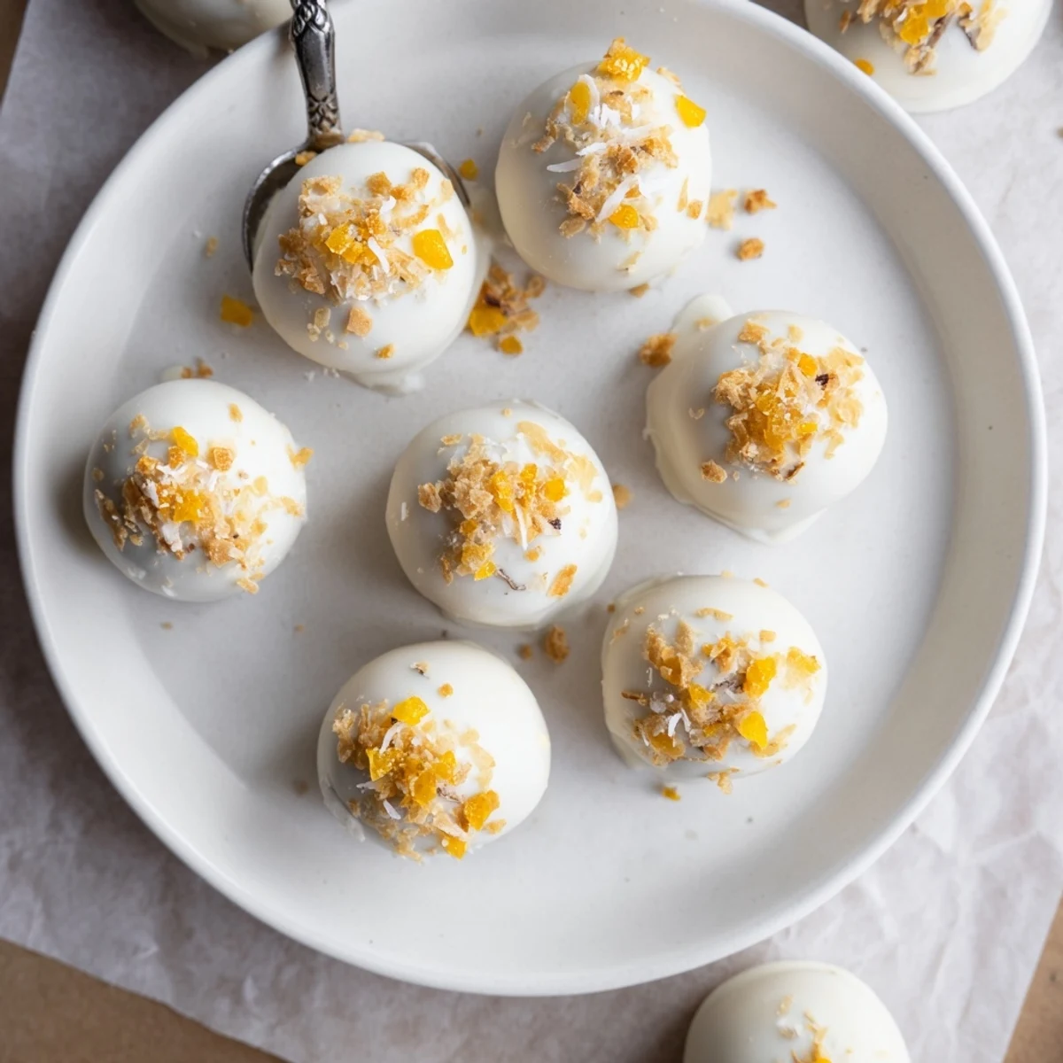 Bite-sized mango truffles coated in smooth white chocolate and sprinkled with chopped pistachios