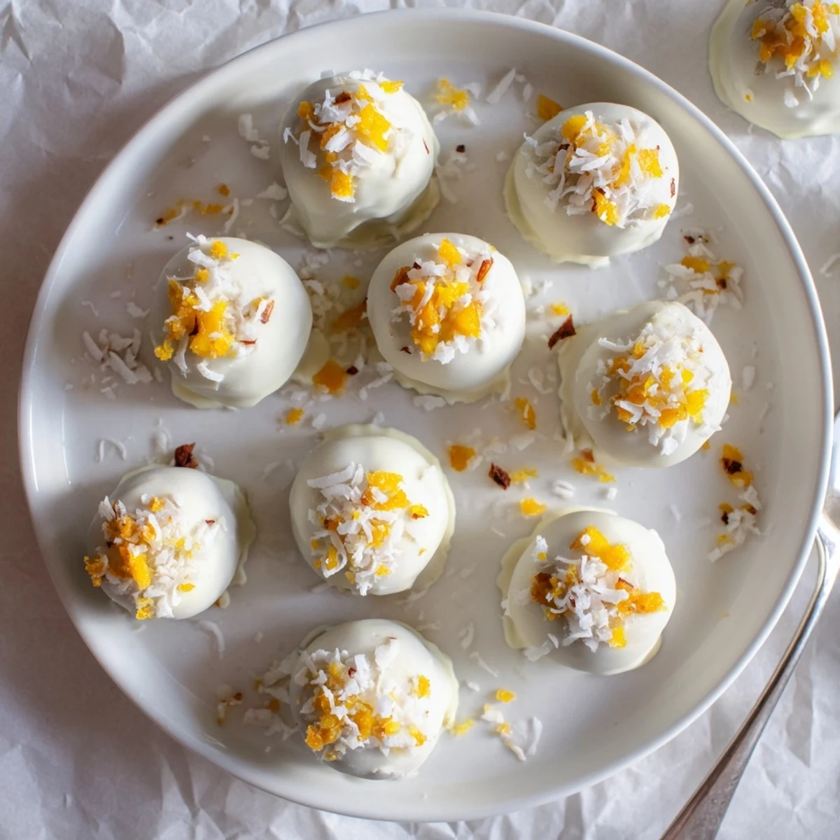 Creamy homemade mango truffles dipped in melted white chocolate with tropical fruit toppings