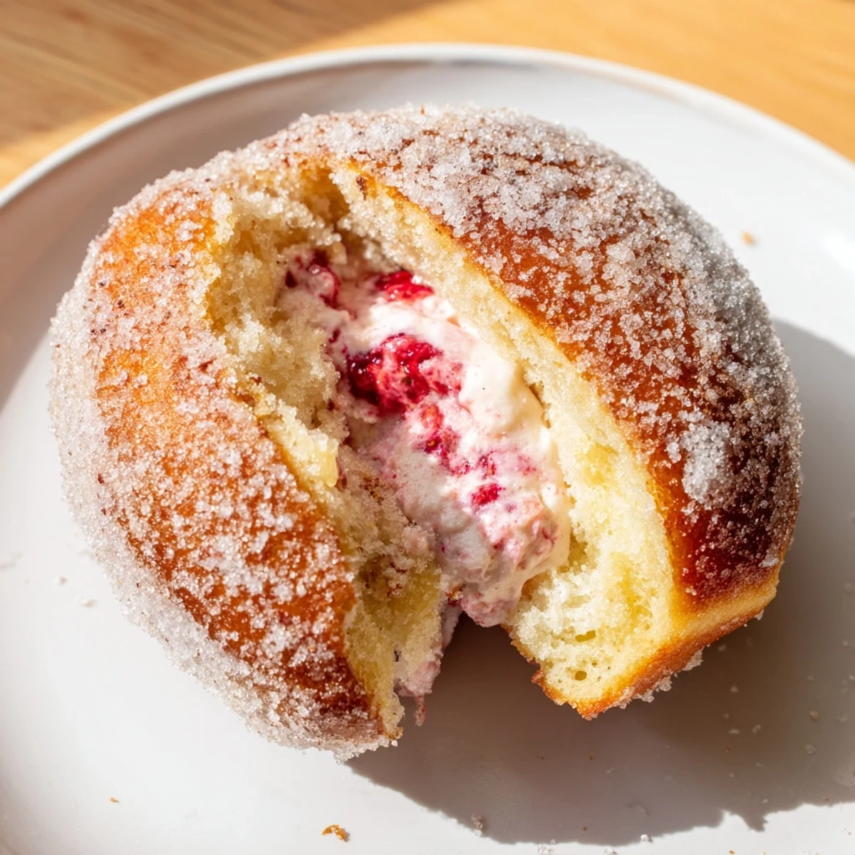 Golden strawberry cream filled doughnuts dusted with sugar on a white plate