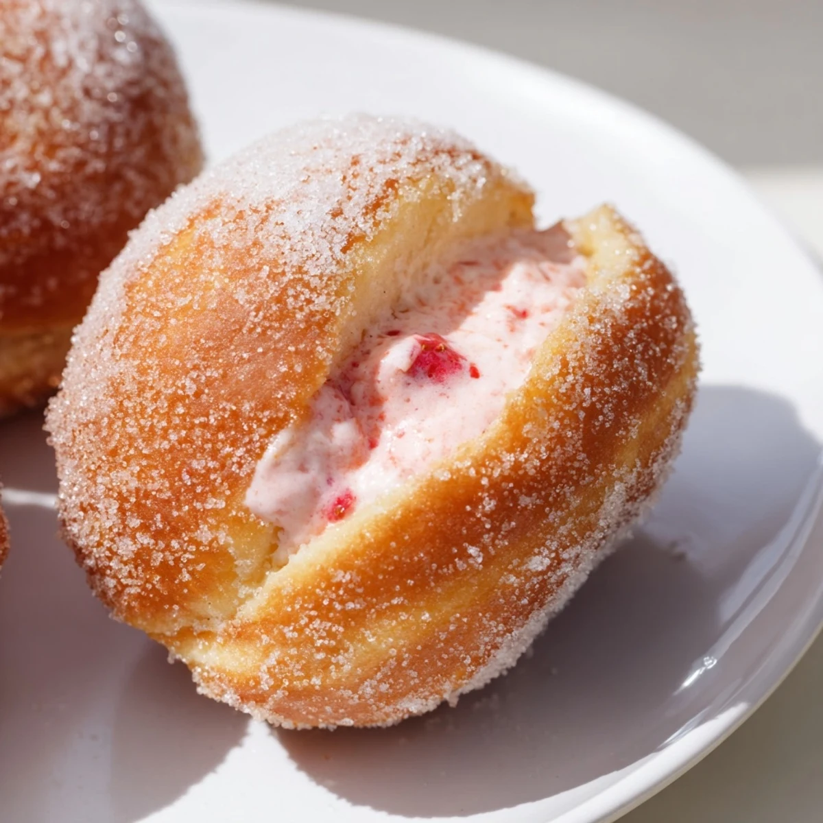 Fresh strawberry cream filled doughnuts split open revealing pink cream filling