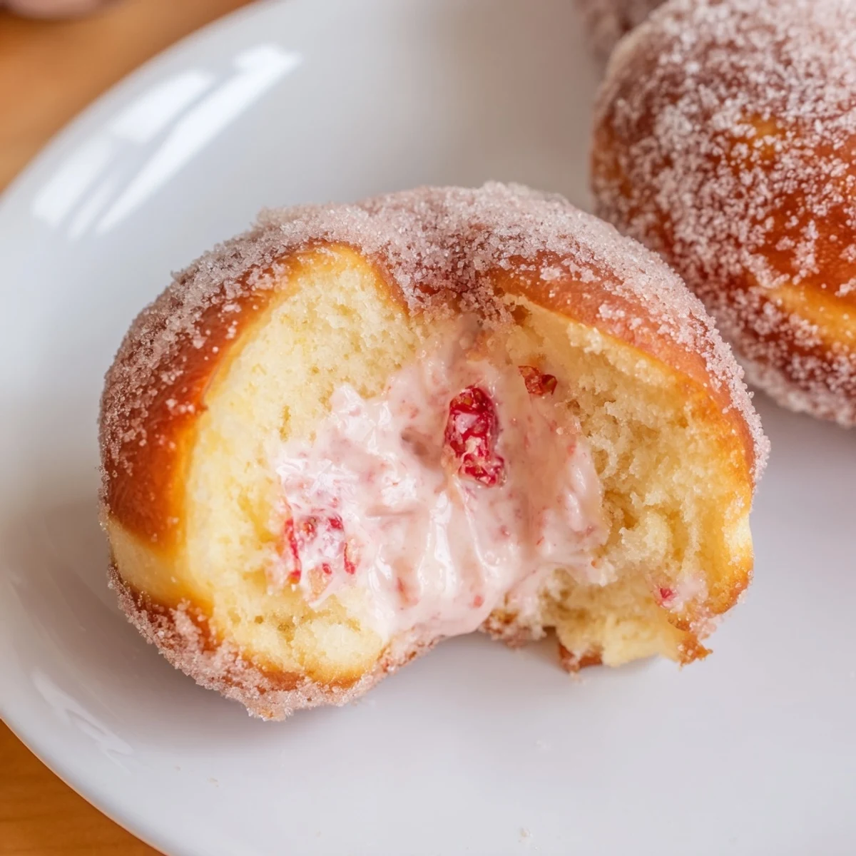 Fluffy homemade strawberry cream filled doughnuts stacked on a serving platter