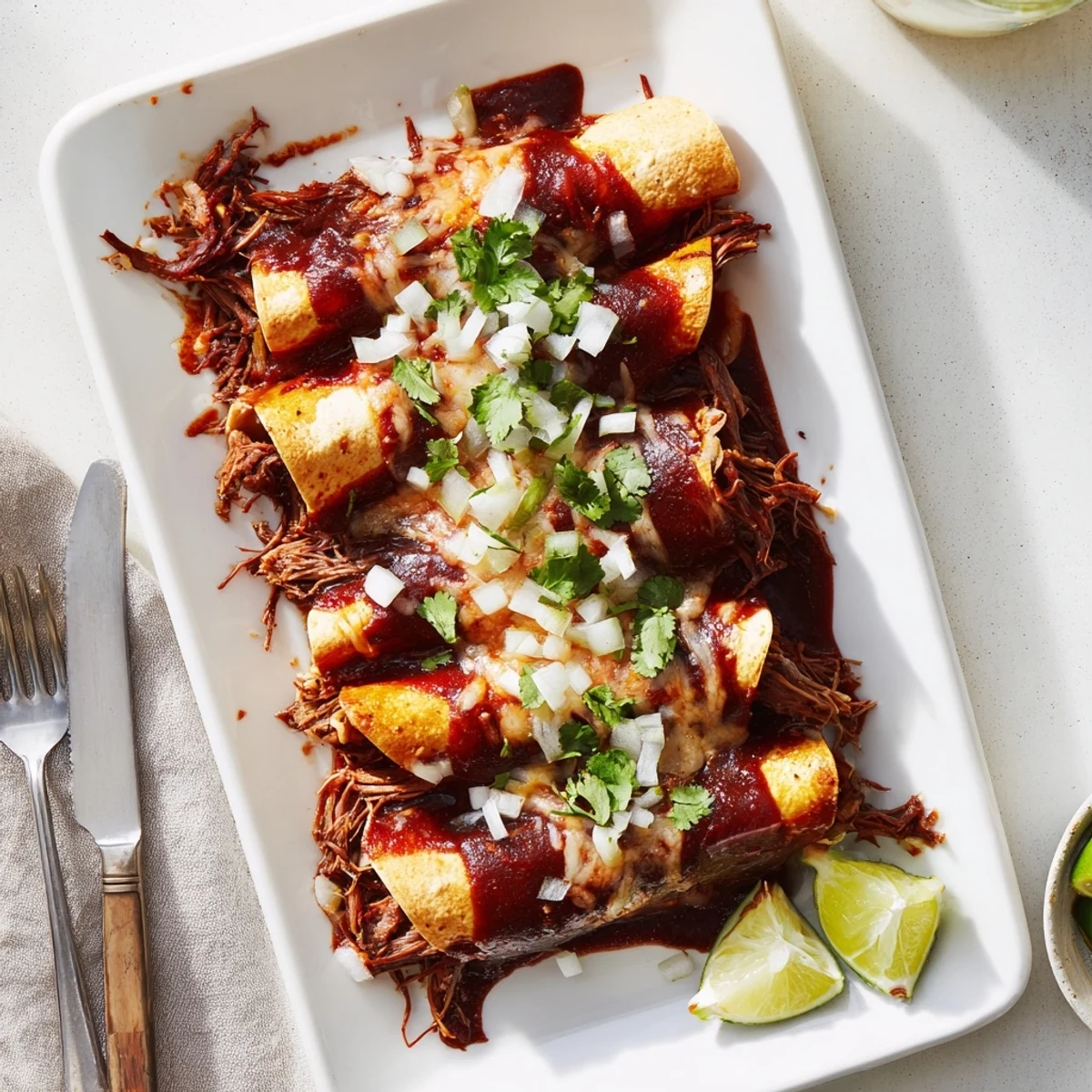 Birria enchiladas featuring tender shredded beef in corn tortillas topped with melted Oaxaca cheese and fresh cilantro