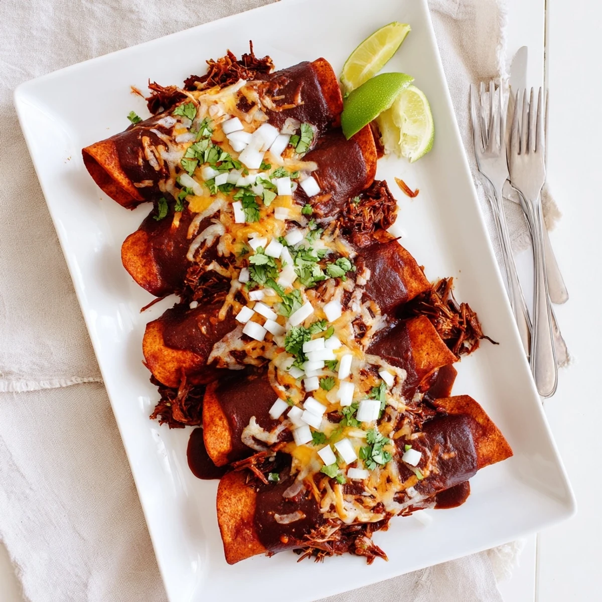 Baked birria enchiladas smothered in rich consommé with bubbly cheese, diced onion, and lime wedges