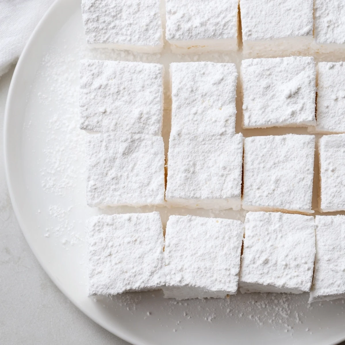 Soft homemade marshmallows cut into squares ready for hot chocolate or snacking