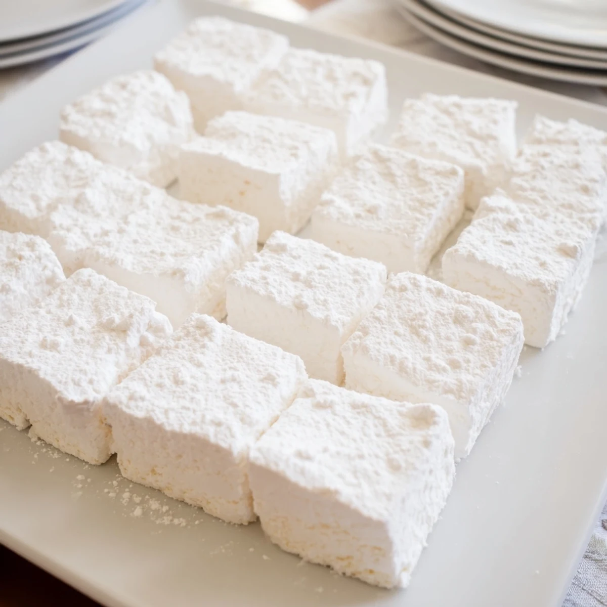 Glossy white marshmallow slab being sliced into bite-sized pieces with cornstarch coating