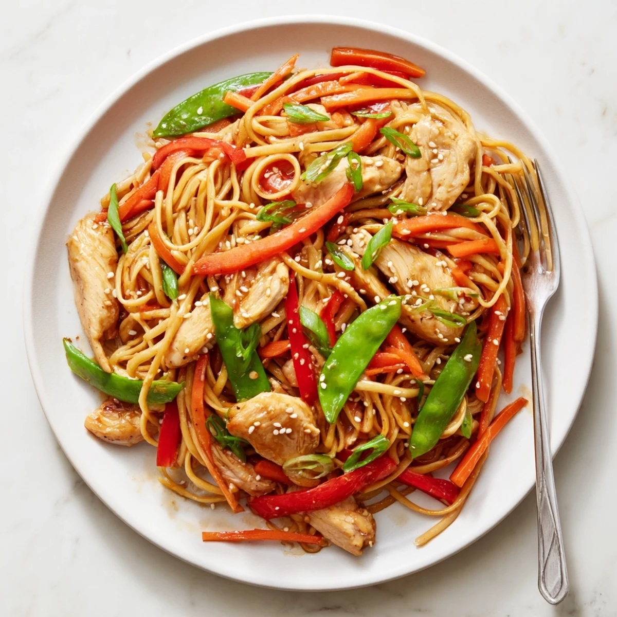 Weeknight dinner featuring sticky garlic chicken noodles coated in a sweet-salty glossy sauce