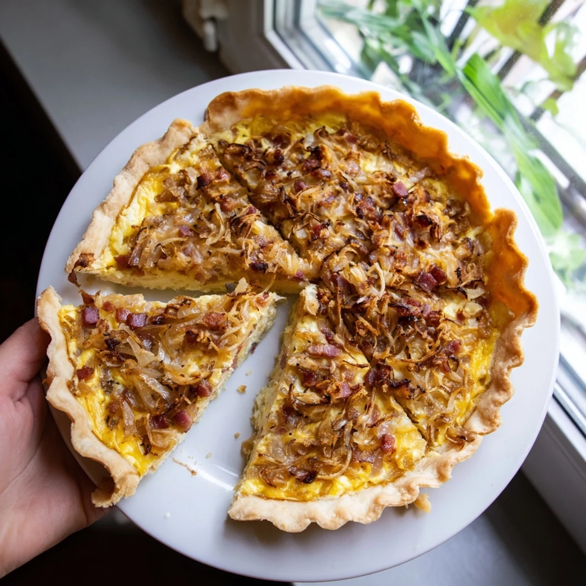 Savory German onion pie slice served warm with melted cheese and tender onions in custard filling