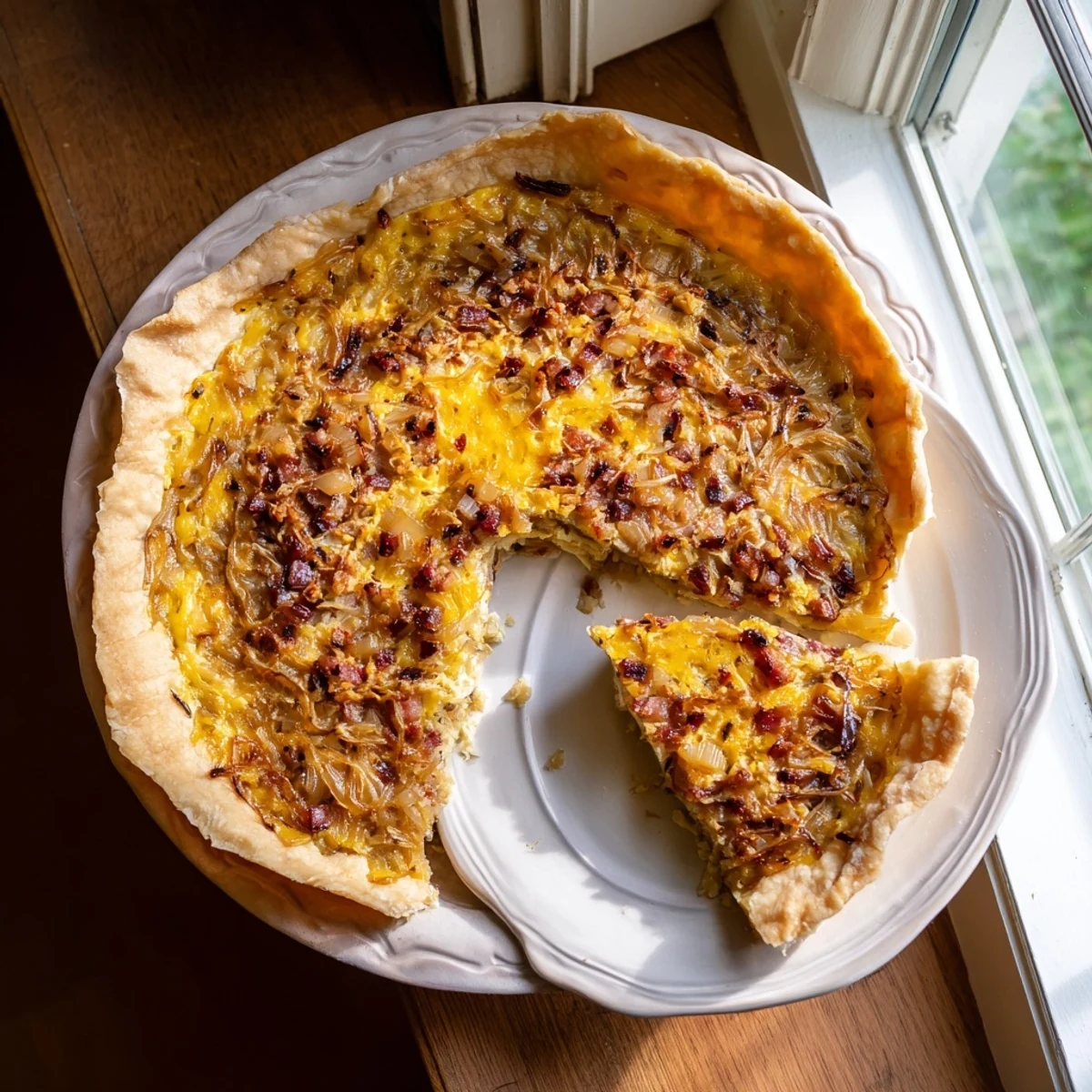 Golden brown German onion pie with caramelized onions and crispy bacon on a flaky pastry crust