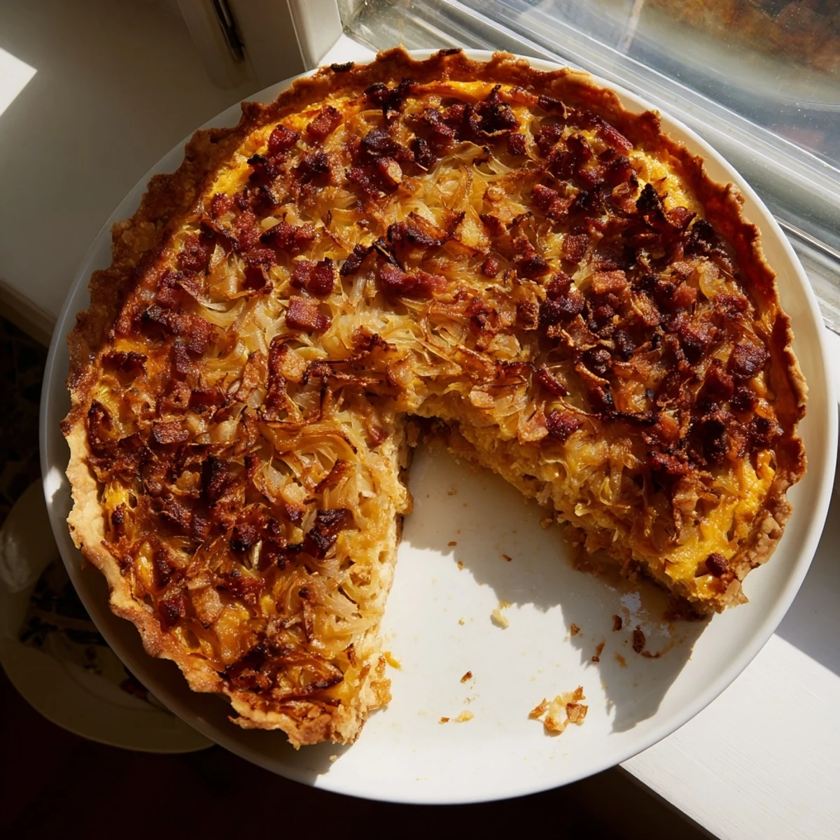 Homemade German onion pie baked in a tart pan featuring sweet onions and creamy egg custard