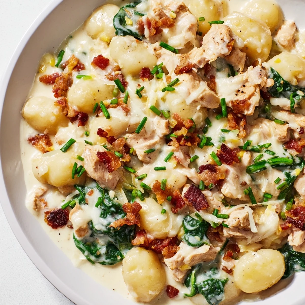 Creamy crack chicken gnocchi in a rich white sauce topped with crispy bacon bits