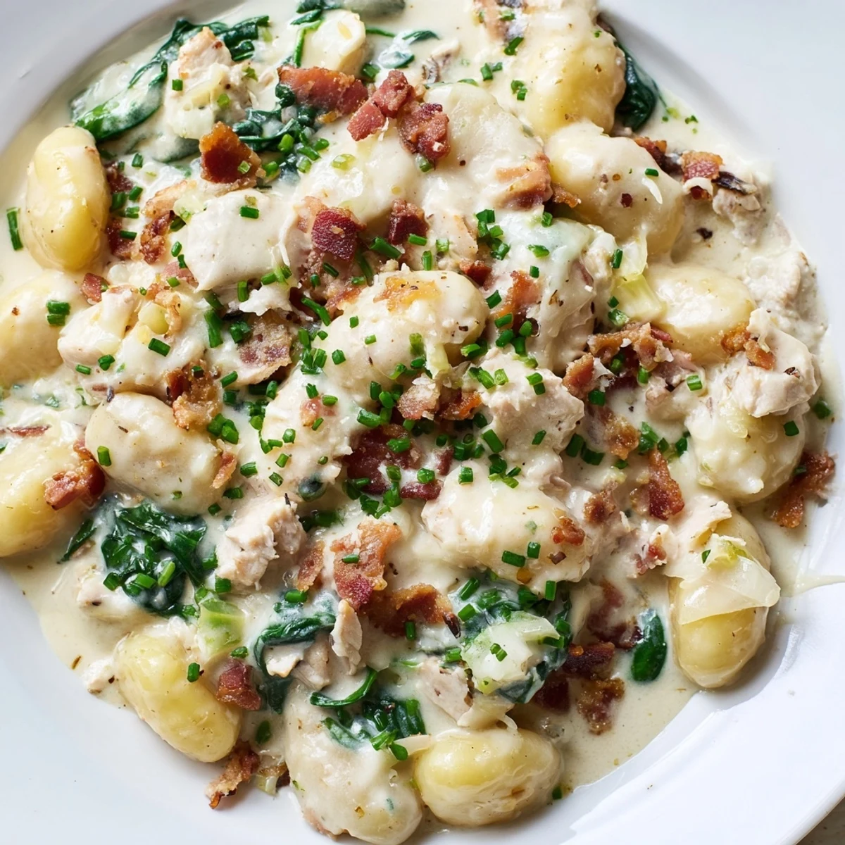 Golden brown chicken pieces nestled in cheesy ranch gnocchi with fresh wilted spinach
