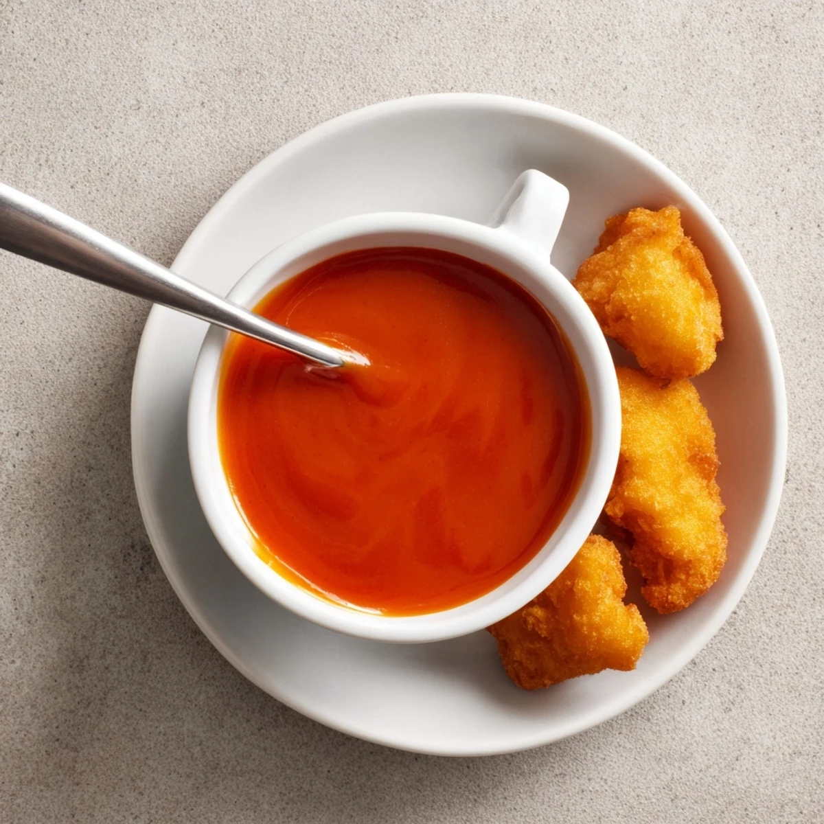 Golden McDonalds sweet and sour sauce in a small white ramekin for dipping