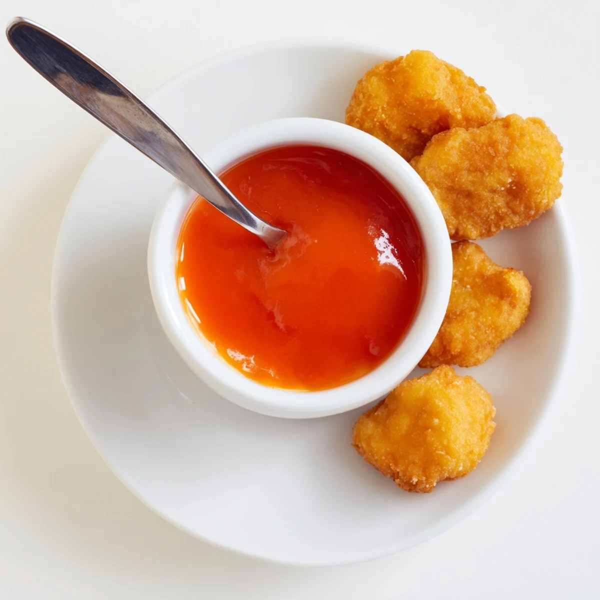 Homemade McDonalds sweet and sour sauce drizzled over fresh french fries on plate