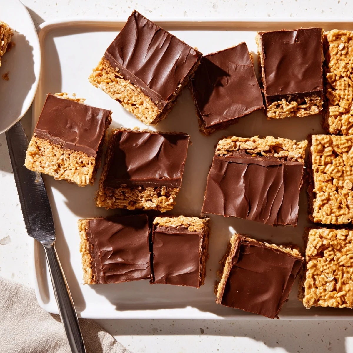 Golden chocolate layer drizzled over crunchy no-bake gluten-free honey Chex peanut butter squares