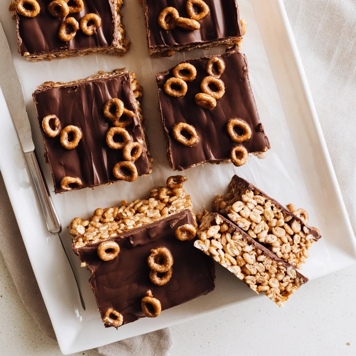 Gooey peanut butter honey Chex cereal bars topped with smooth melted chocolate gluten-free dessert