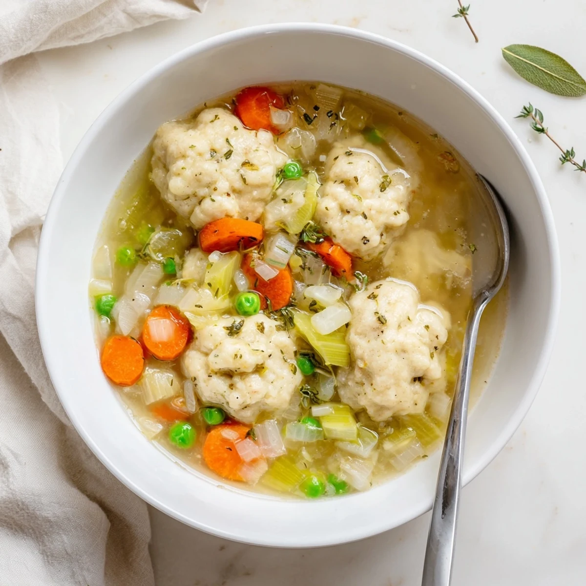 Steaming bowl of homemade dumpling soup featuring fluffy tender dumplings in savory vegetable broth with colorful carrots and celery garnished with fresh herbs.