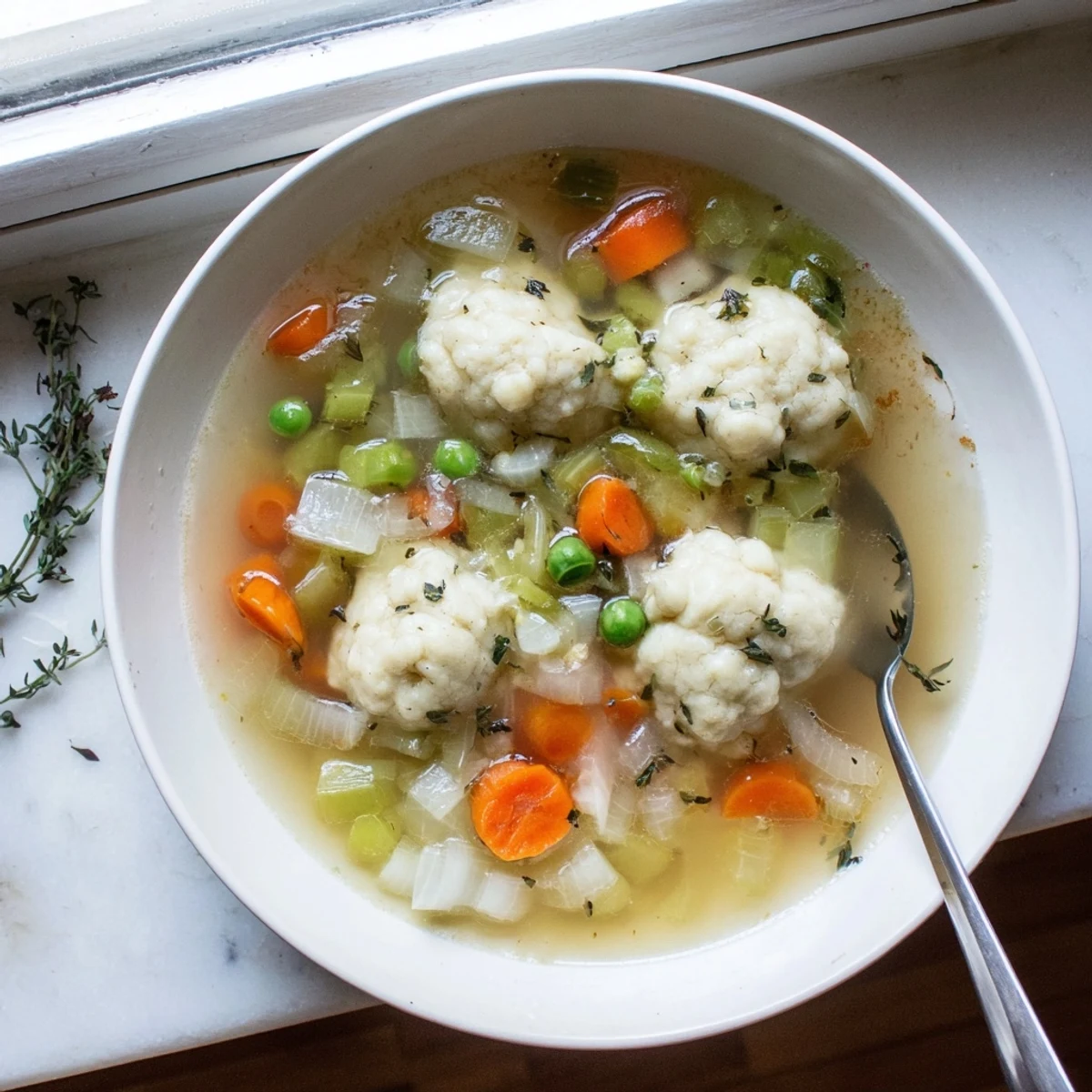 Comforting dumpling soup with pillowy soft dumplings floating in rich simmering broth alongside peas and aromatic vegetables ready for a cozy dinner.