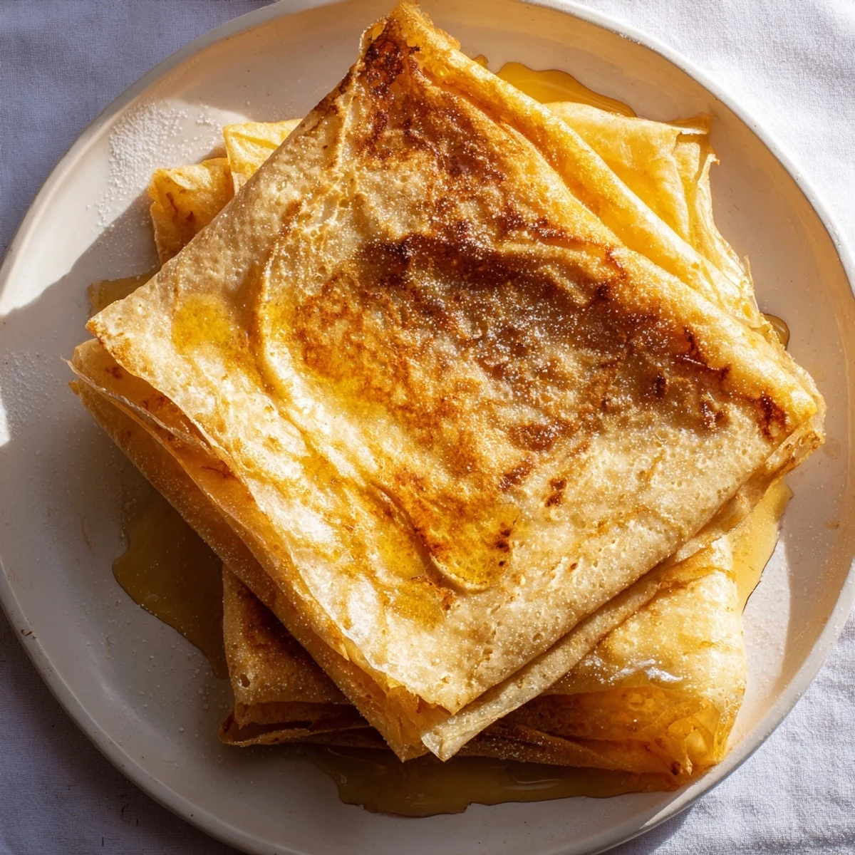 Golden brown Meloui Moroccan pancakes stacked on a rustic wooden serving board with honey drizzled over the flaky layered layers