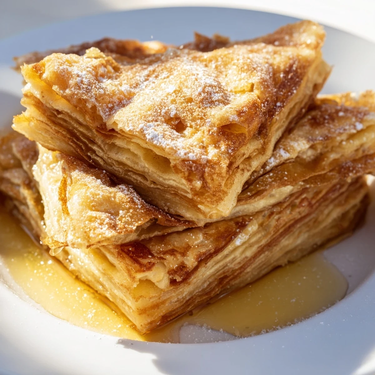 Warm Meloui breakfast pancakes folded into squares and served with honey and fresh mint tea for traditional Moroccan dining
