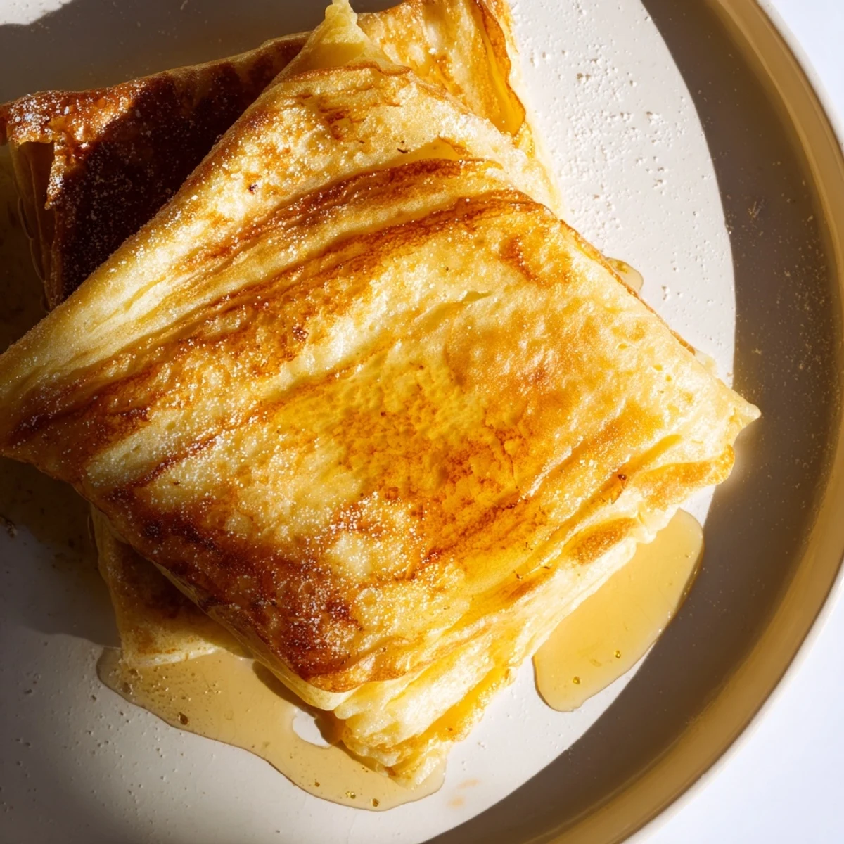 Handmade Meloui Moroccan pancakes cooking on a griddle, showing their golden flaky layers and semolina-dusted surface ready for breakfast