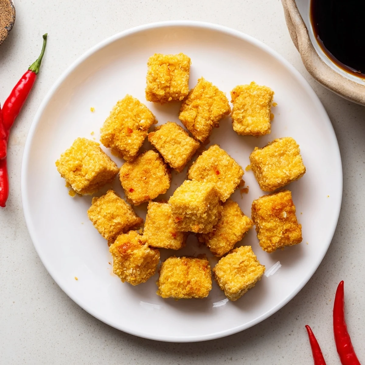 Golden crispy Tahu Sumedang fried tofu cubes arranged on a serving plate with fresh bird's eye chilies