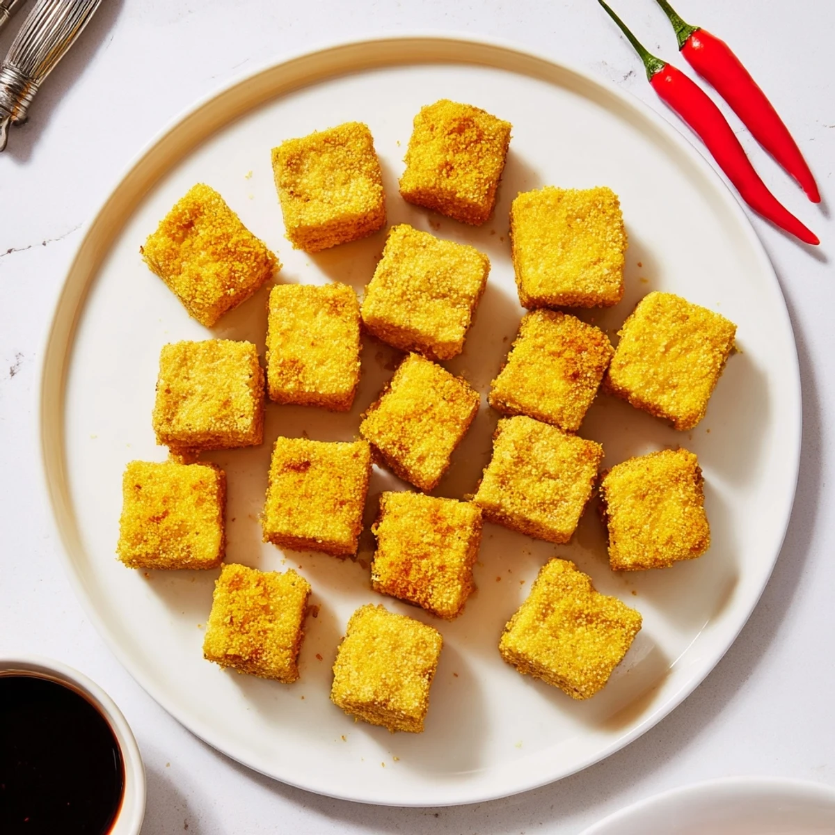 Indonesian street food style Tahu Sumedang featuring golden brown tofu pieces with fluffy white interiors