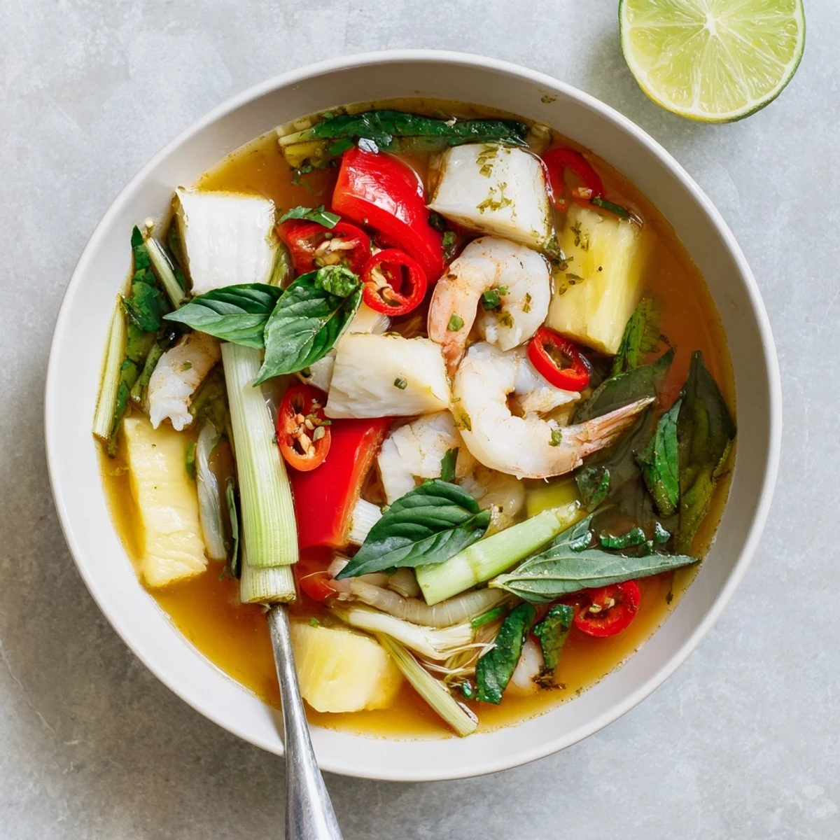 Golden bowl of Vietnamese Canh Chua soup with tender fish, pineapple chunks, tomatoes, and fresh green herbs