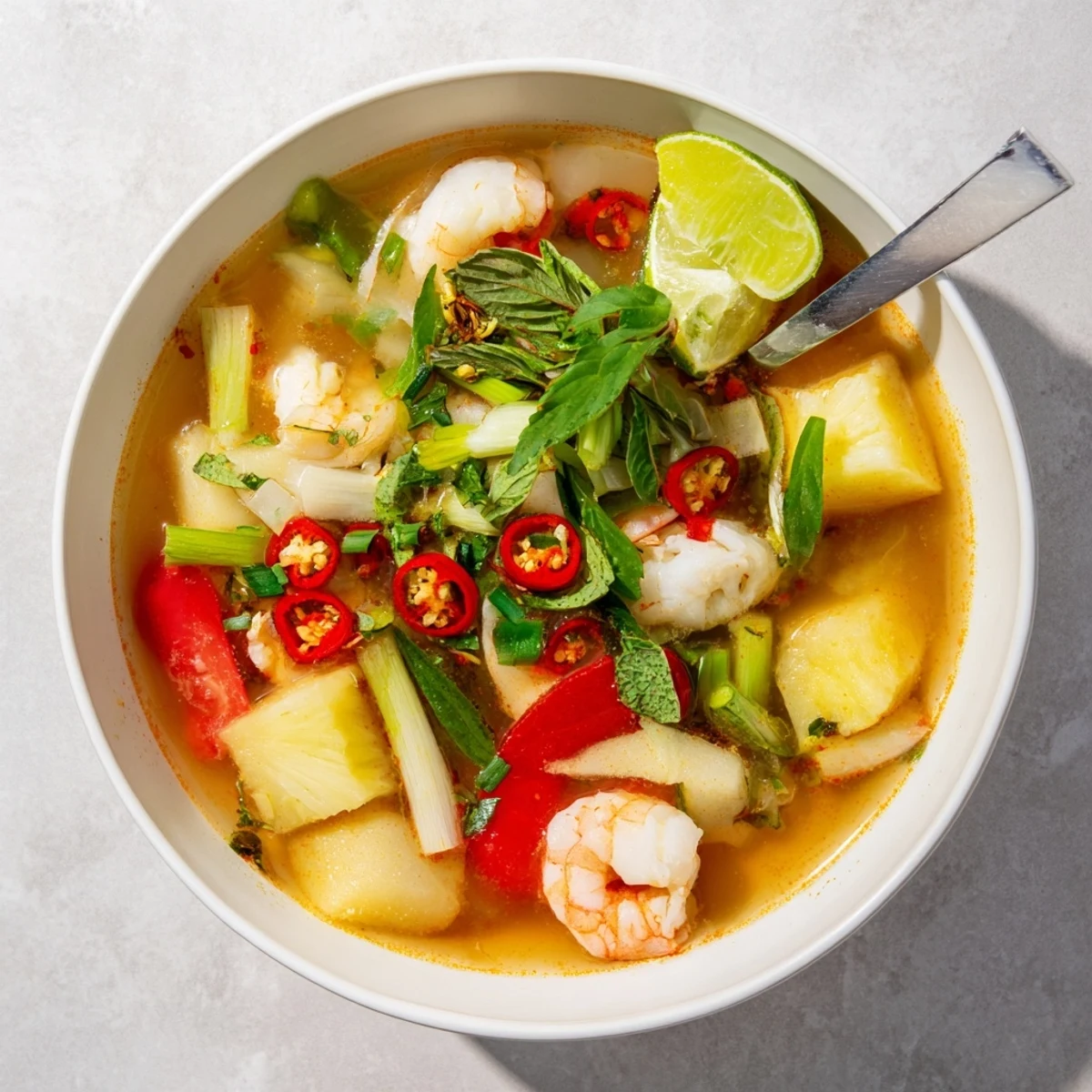 Steaming Vietnamese Canh Chua featuring white fish fillets, okra, bean sprouts, and fragrant Thai basil garnish