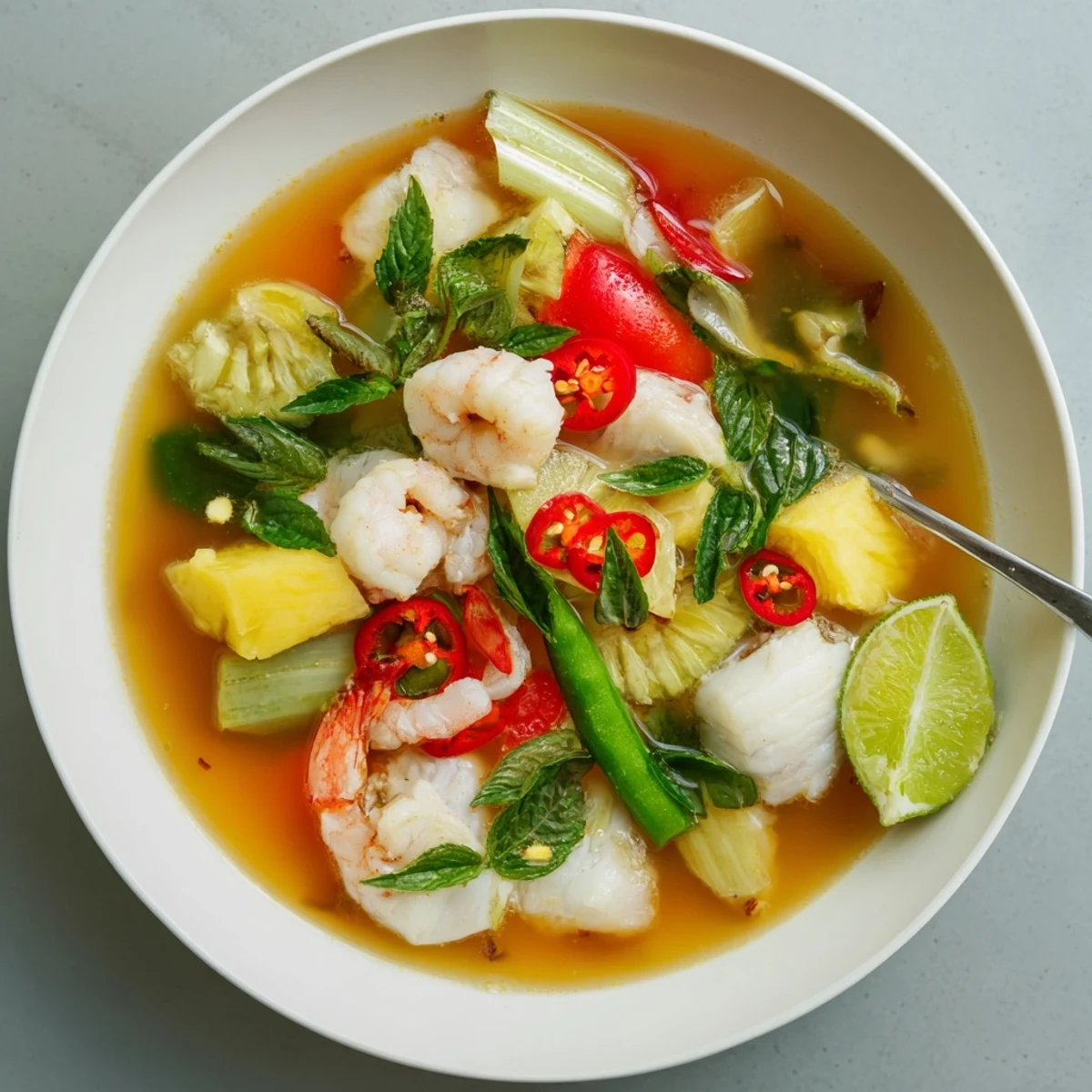 Vibrant Vietnamese Canh Chua with pineapple, tomatoes, and cilantro served in a white ceramic bowl