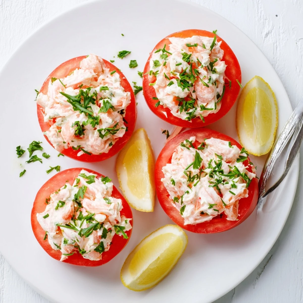 Classic Belgian Tomates Aux Crevettes featuring ripe tomatoes stuffed with creamy North Sea shrimp salad and fresh herbs