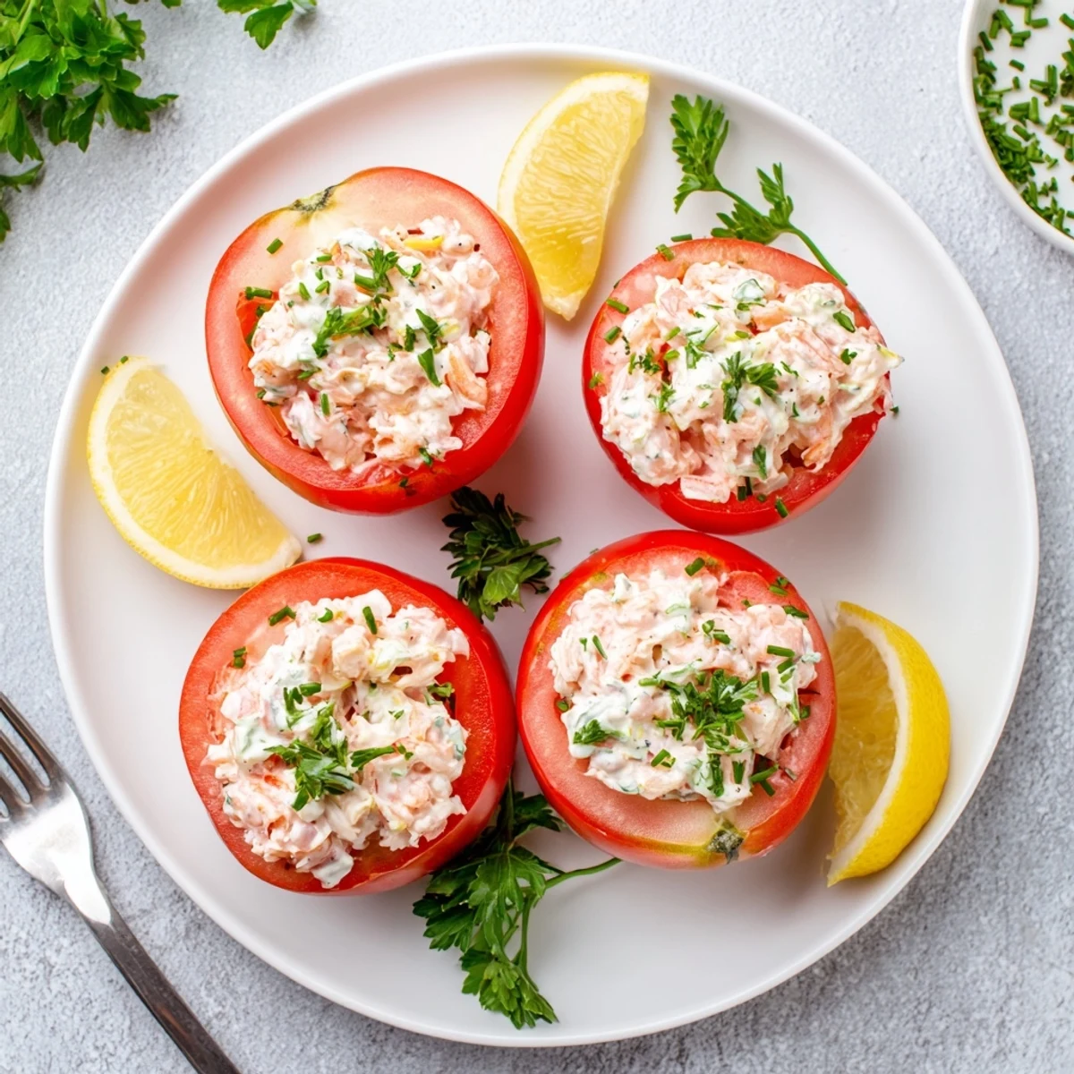 Platter of Belgian Tomates Aux Crevettes starter showcasing juicy hollowed tomatoes filled with zesty mayonnaise shrimp mixture