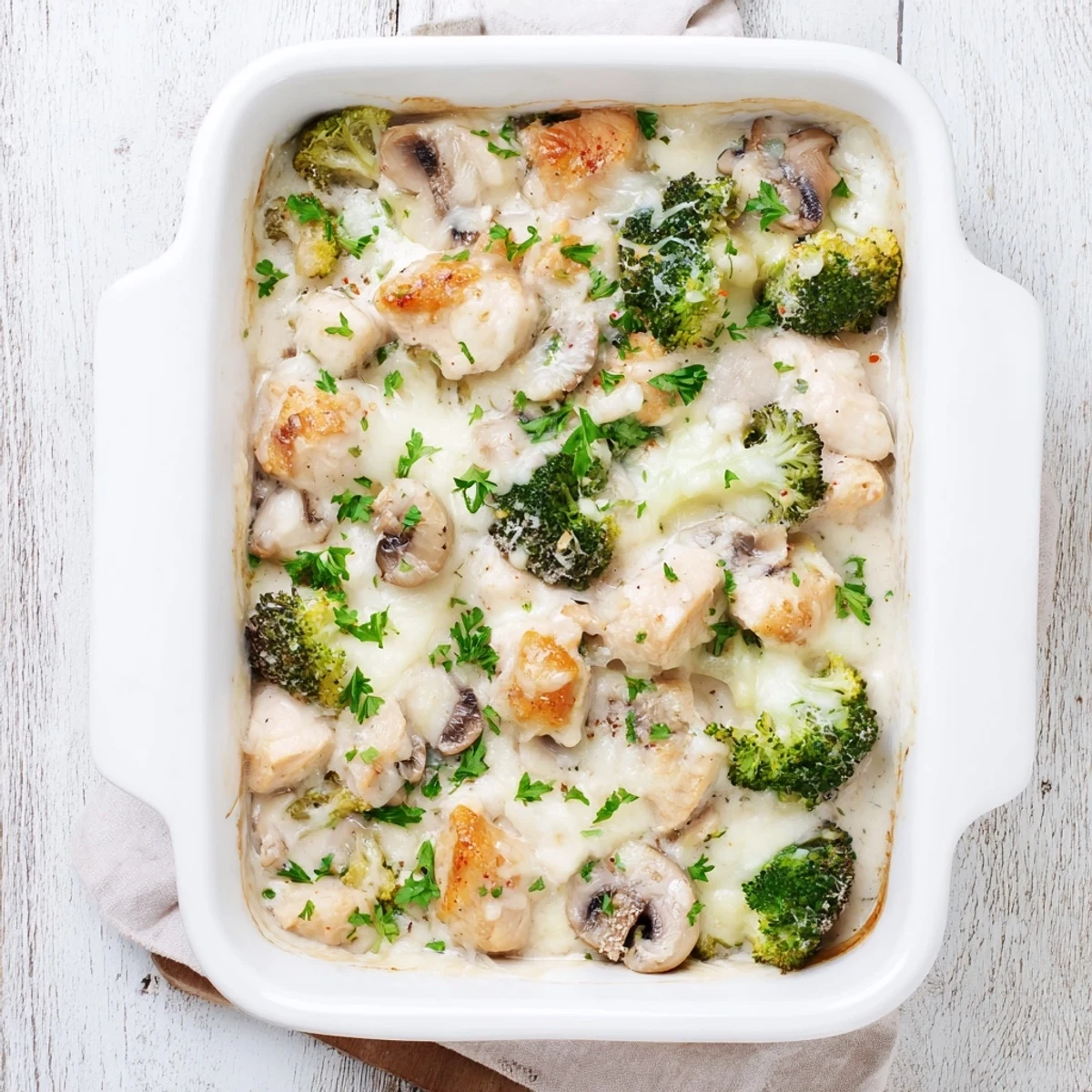 Golden bubbly creamy low carb chicken casserole topped with melted mozzarella and fresh parsley