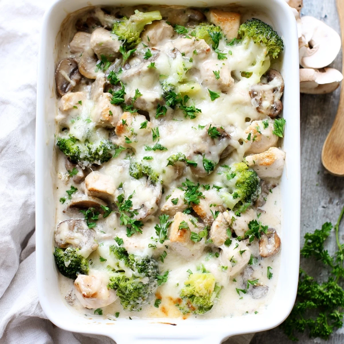 Baked casserole dish filled with tender chicken broccoli mushrooms in rich velvety cheese sauce