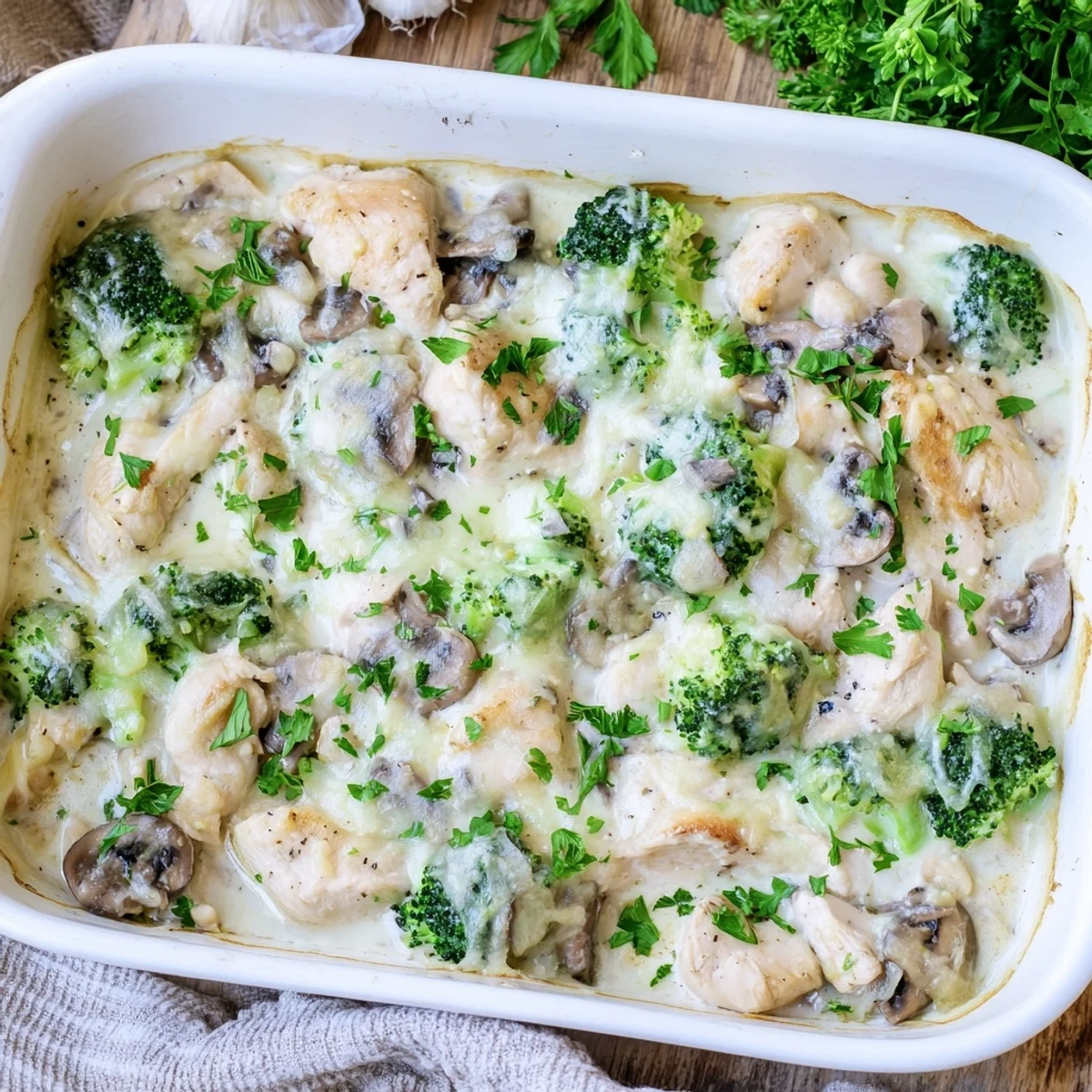Homemade low carb chicken casserole featuring golden brown cheese crust over creamy vegetable filling