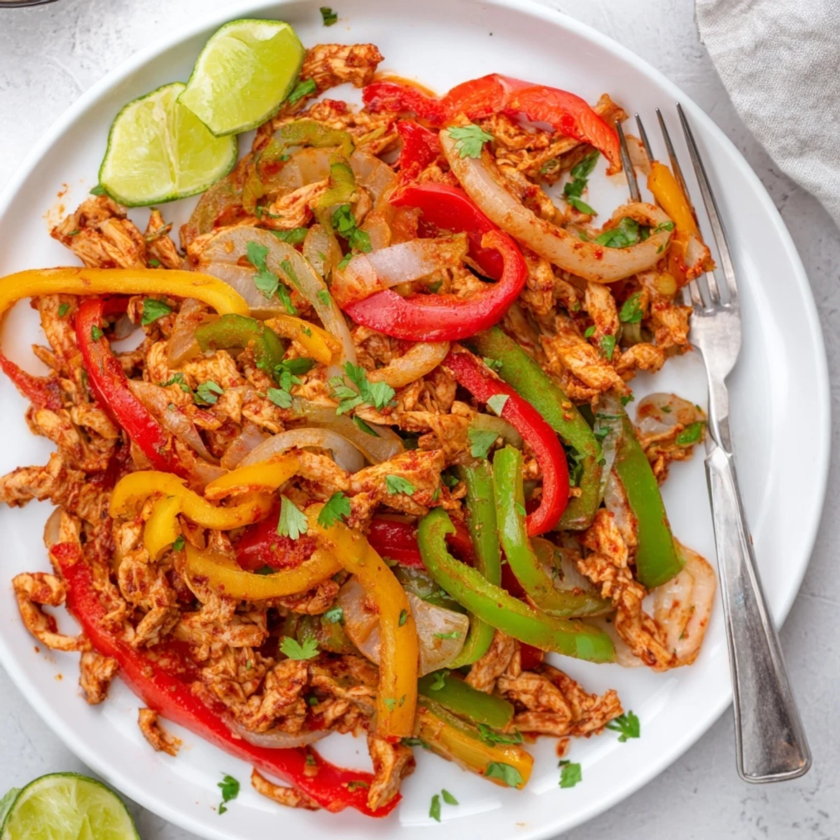 Easy crockpot chicken fajitas served in warm tortillas with fresh cilantro and lime