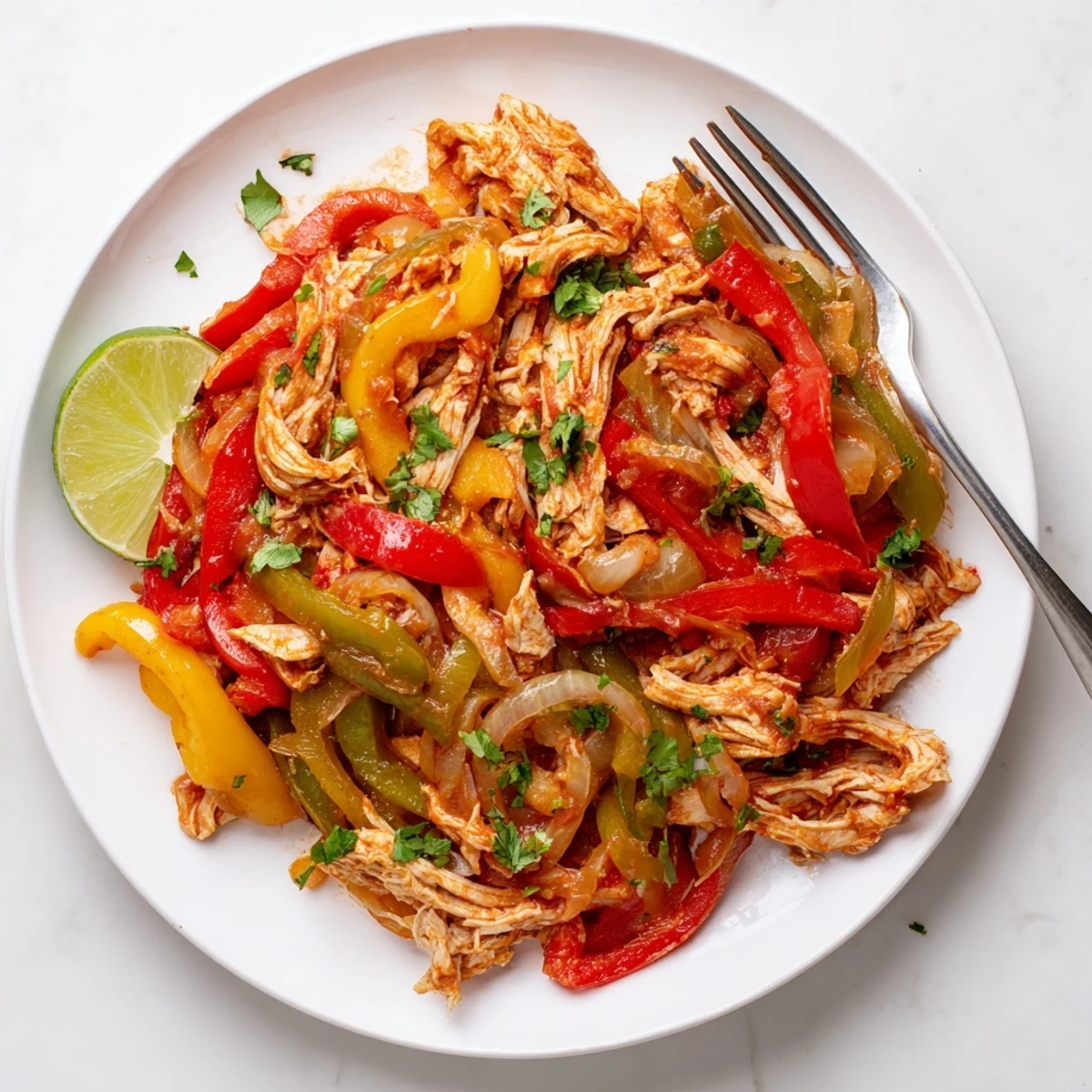 Colorful slow cooker chicken fajitas with tender meat and vibrant bell pepper slices