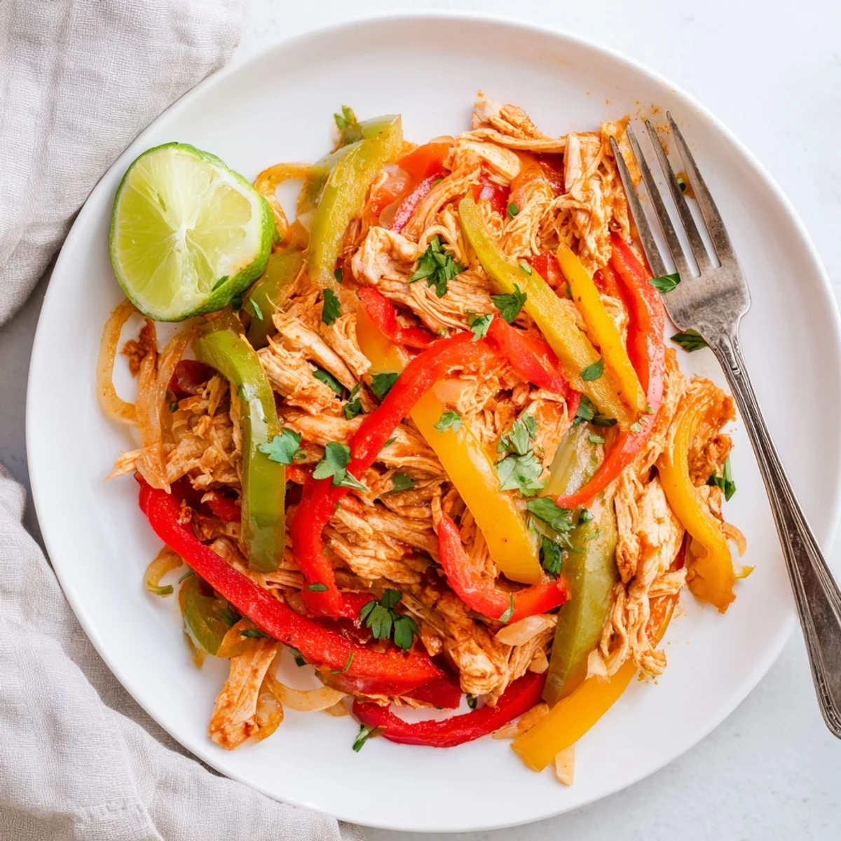 Shredded chicken fajitas from the slow cooker with colorful peppers ready for wrapping