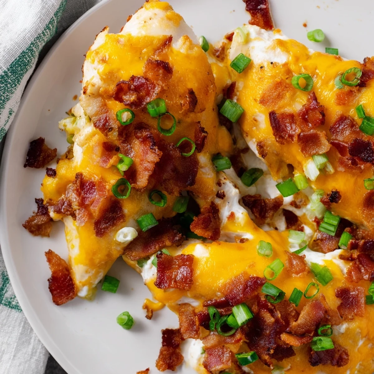 Creamy crack chicken baked with melted cheddar cheese and crispy bacon crumbles on top