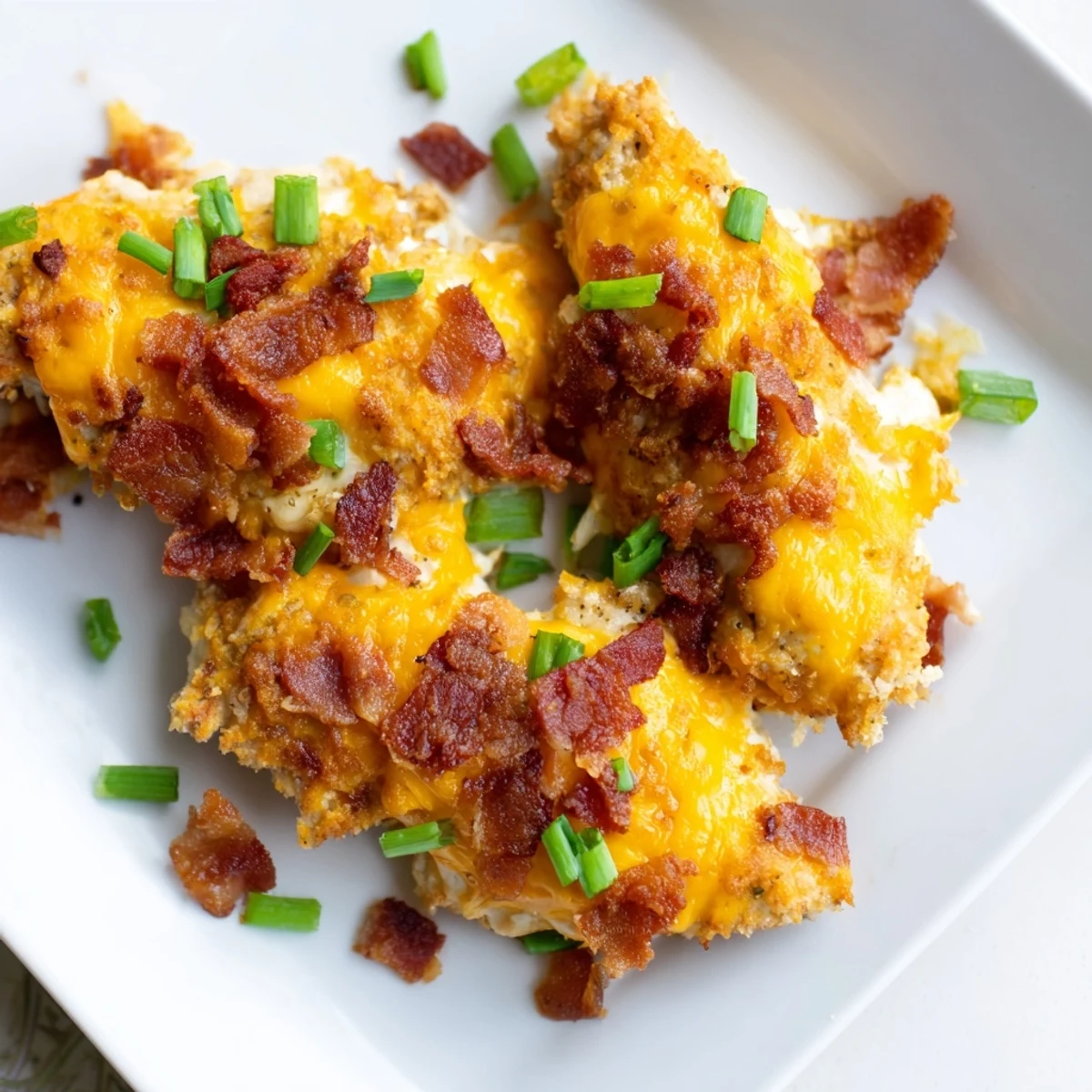 Golden baked crack chicken breasts topped with bubbly cheese ranch sauce and bacon pieces