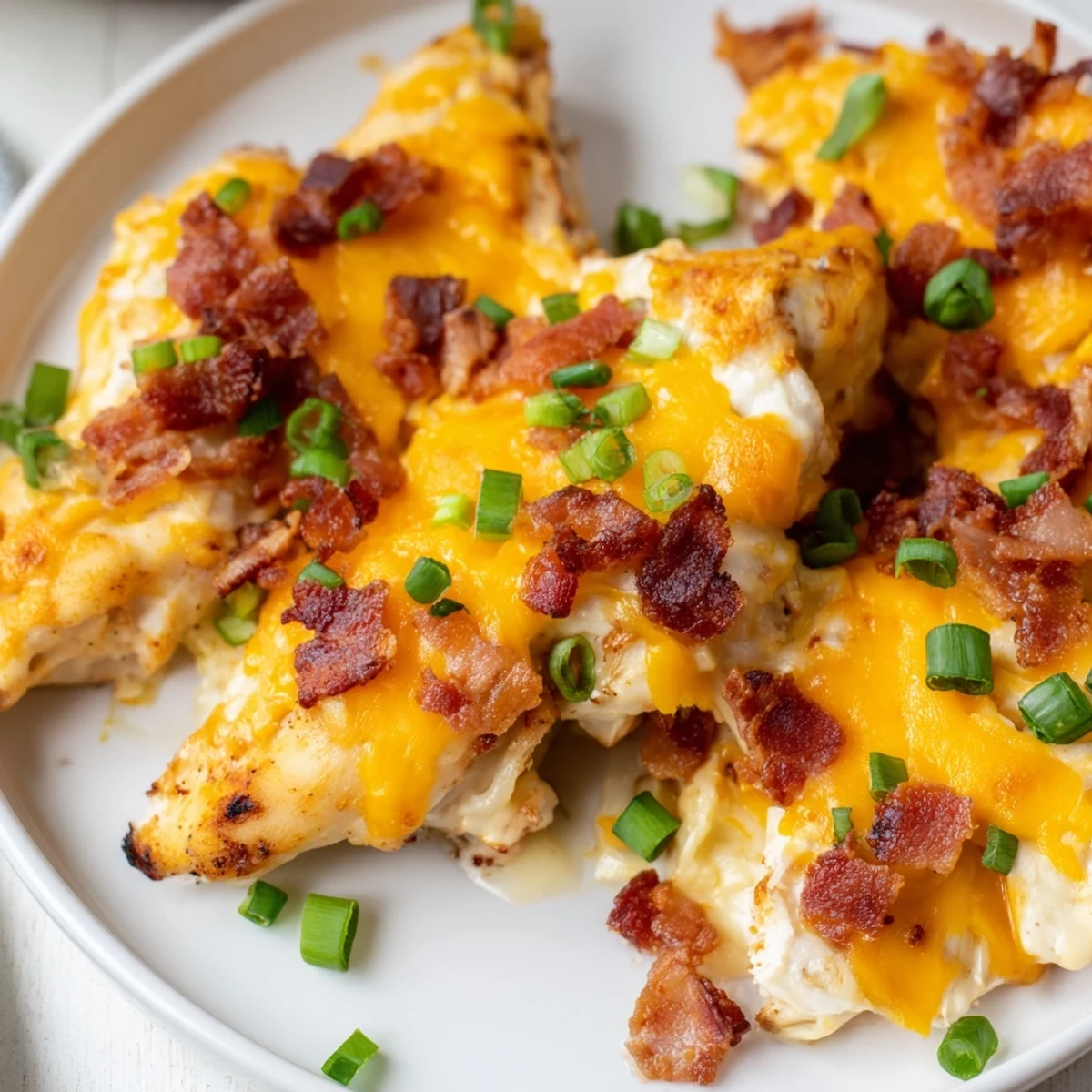 Home-style crack chicken casserole with cream cheese ranch coating and savory bacon garnish