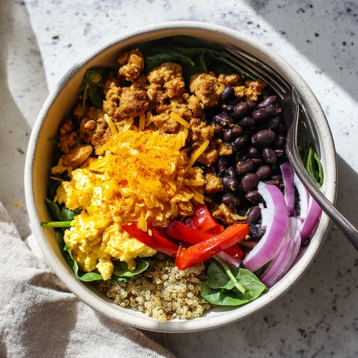 Mouthwatering high protein freezer friendly breakfast bowls arranged in glass meal prep containers with colorful diced peppers, wilted spinach, protein-packed eggs, and wholesome grains ready for busy morning routines