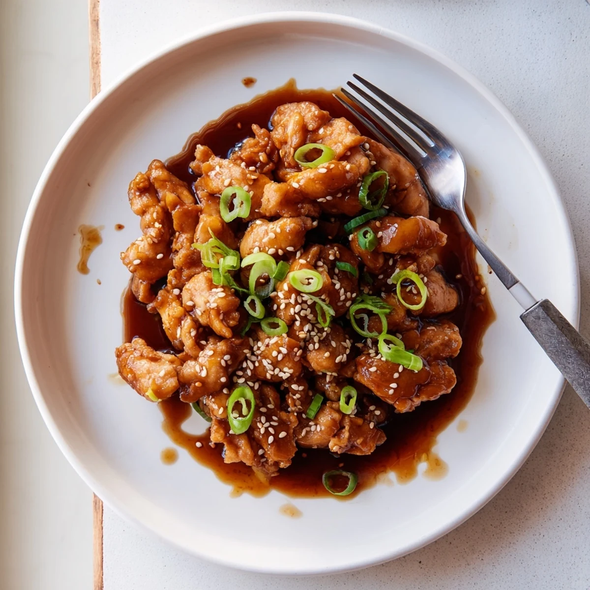 Tender shredded slow cooker chicken coated in glossy homemade teriyaki sauce with green onions