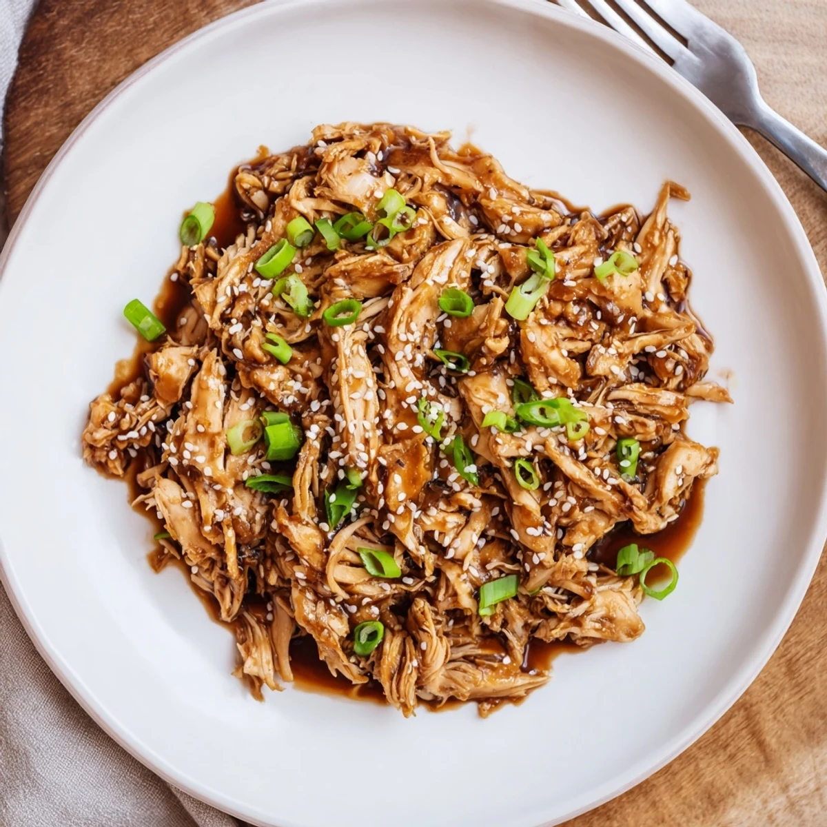 Easy slow cooked teriyaki chicken drizzled with rich sauce and sprinkled with sesame seeds