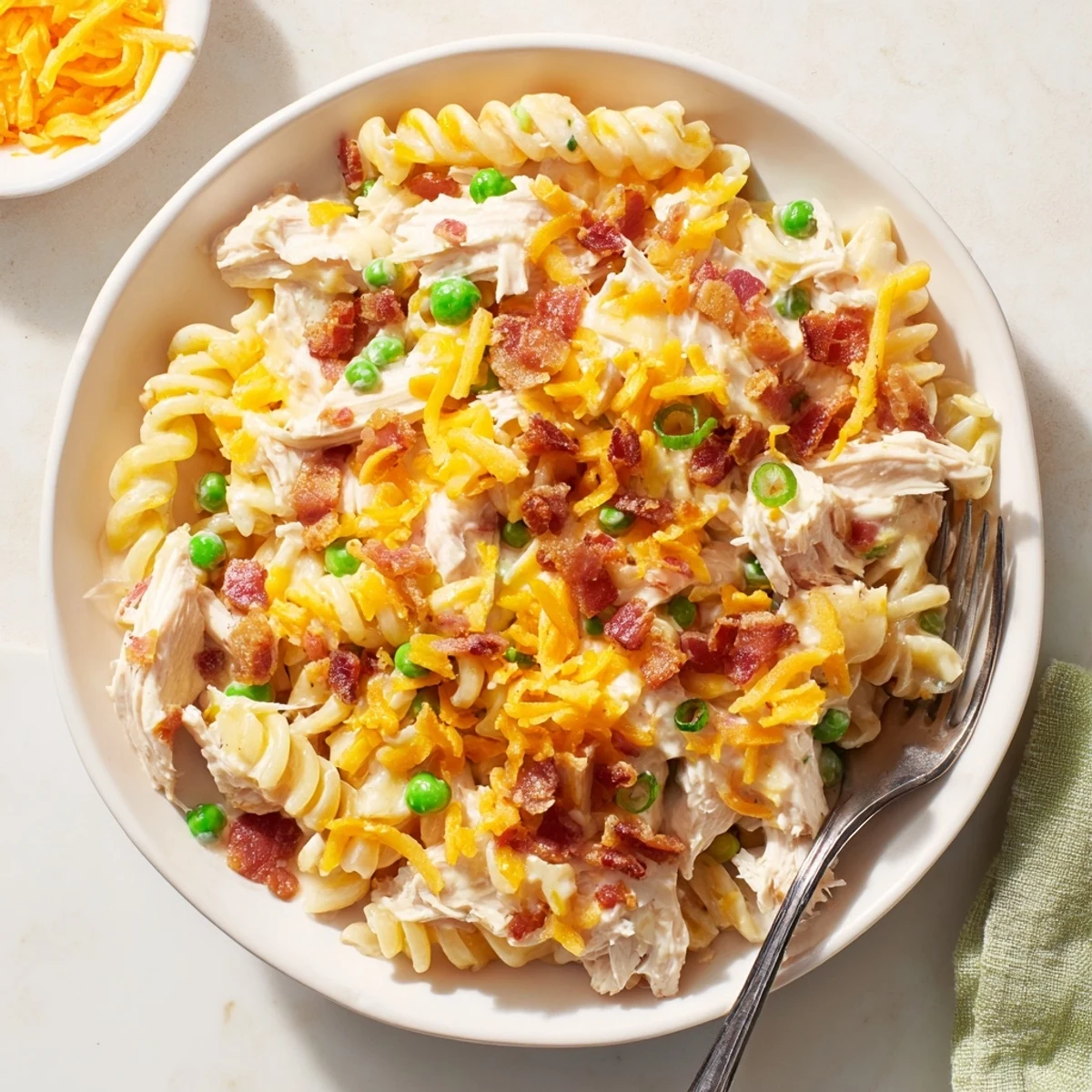Creamy Crock Pot crack chicken casserole topped with melted cheddar and crispy bacon crumbles