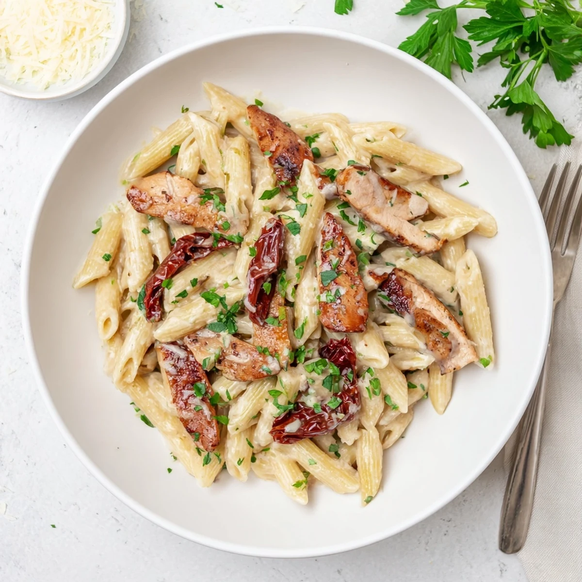 Creamy Marry Me Chicken Pasta with golden seared chicken, sun-dried tomatoes, and rich parmesan sauce