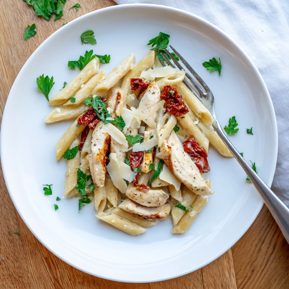 Garnished bowl of Marry Me Chicken Pasta topped with fresh basil and grated Parmesan cheese