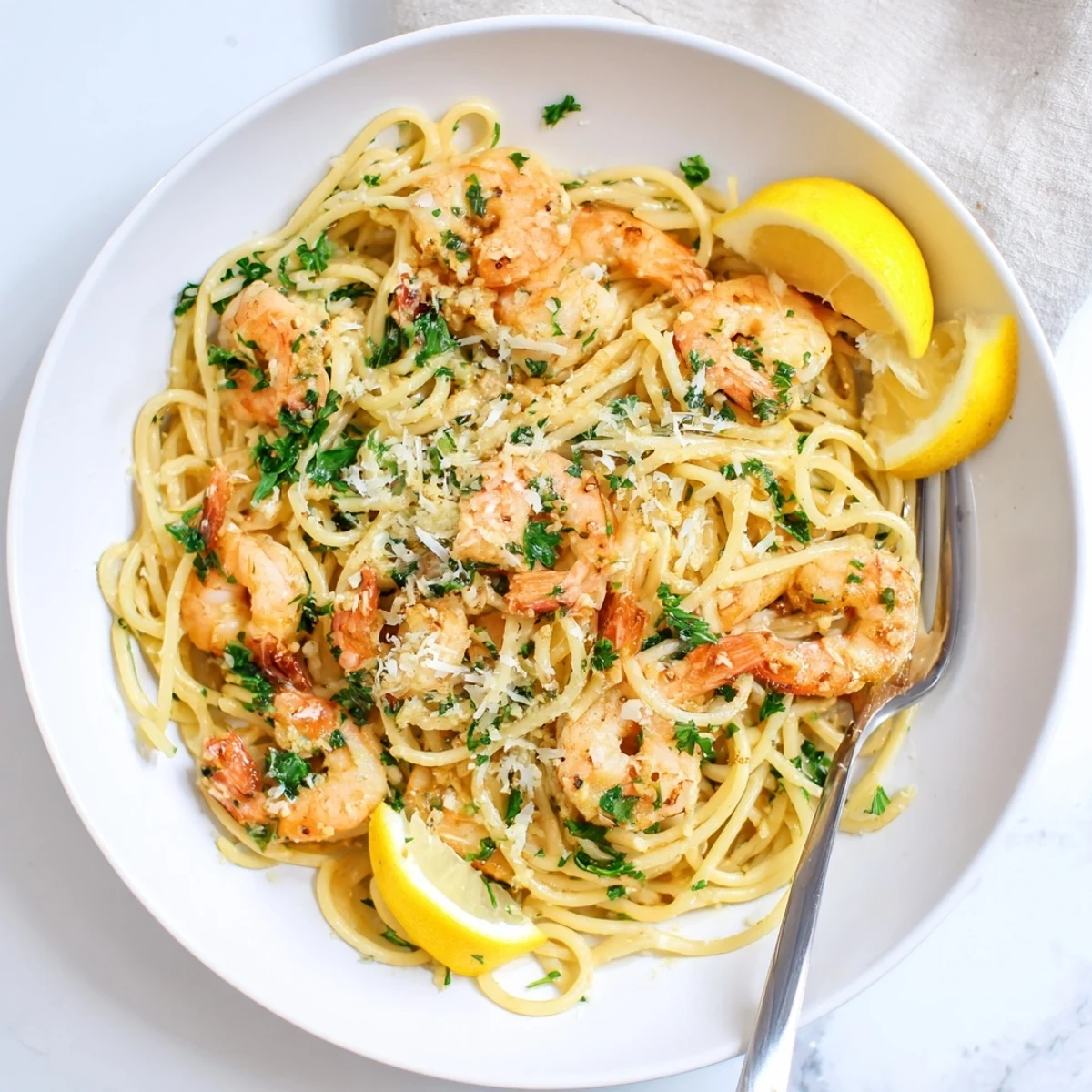 Golden shrimp scampi pasta tossed in garlicky lemon butter sauce with fresh parsley
