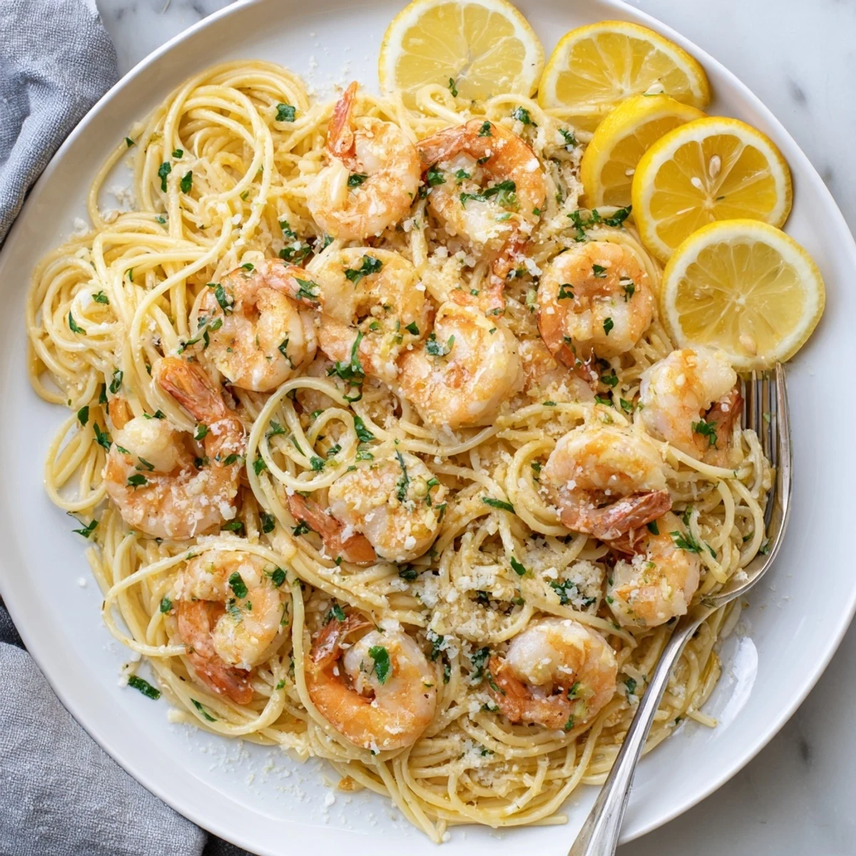 Steaming plate of classic shrimp scampi pasta garnished with grated Parmesan and lemon wedges