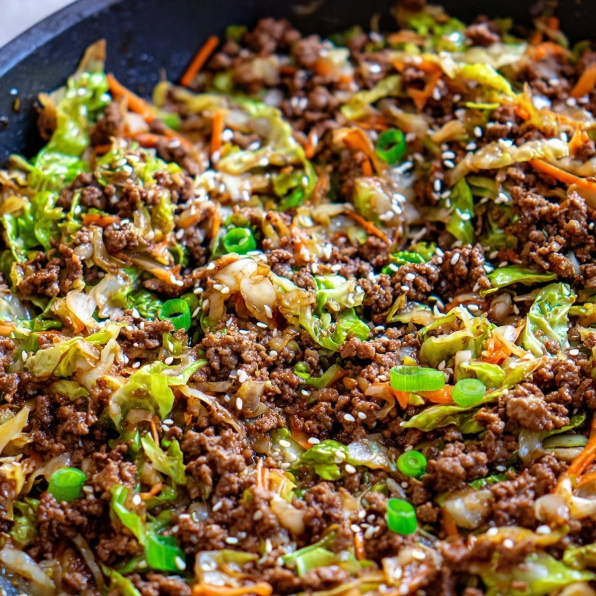 Golden brown ground pork and crisp colorful vegetables in a savory keto egg roll in a bowl skillet